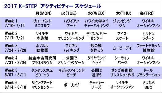 サマースクール2017・キッズコースの日替りアクティビティ