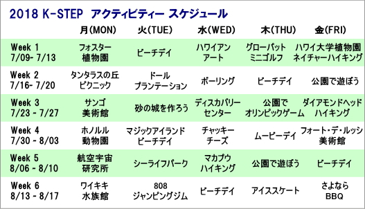 サマースクール2017・キッズコースの日替りアクティビティ